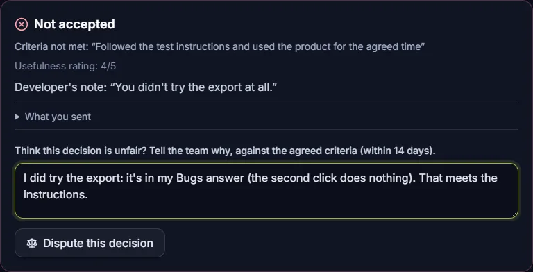 A tester's rejected report with the criterion the developer named, the developer's note, and a box to dispute the decision.
