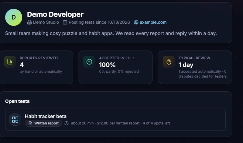 A developer's public profile with their review record: reports reviewed, share accepted in full, and typical review time.