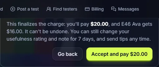 Accepting a report: the confirmation shows what the developer pays and what the tester gets.
