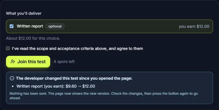 A notice by the Join button: the developer changed the price since the page was opened; nothing was sent.