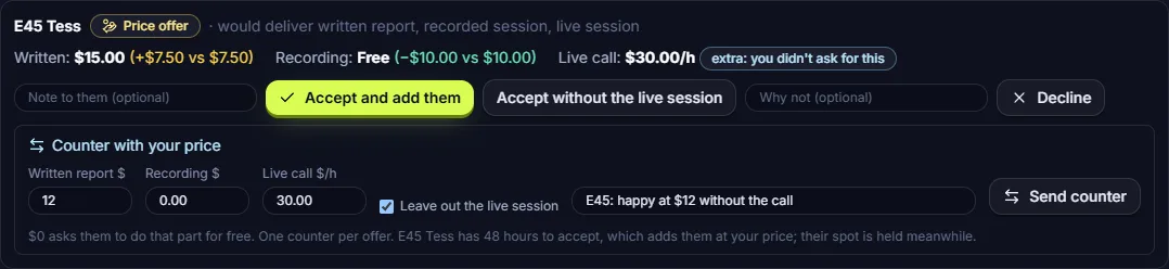 A developer answering a tester's price offer: accept, decline, or counter with their own prices and a note.