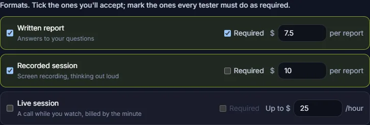 Posting a test: written report ticked and required, recorded session ticked but optional, live session unticked, each with its price.