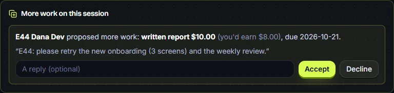 More work in the same session: the developer proposes a written report for $10 with a deadline and a note; the tester can accept or decline.