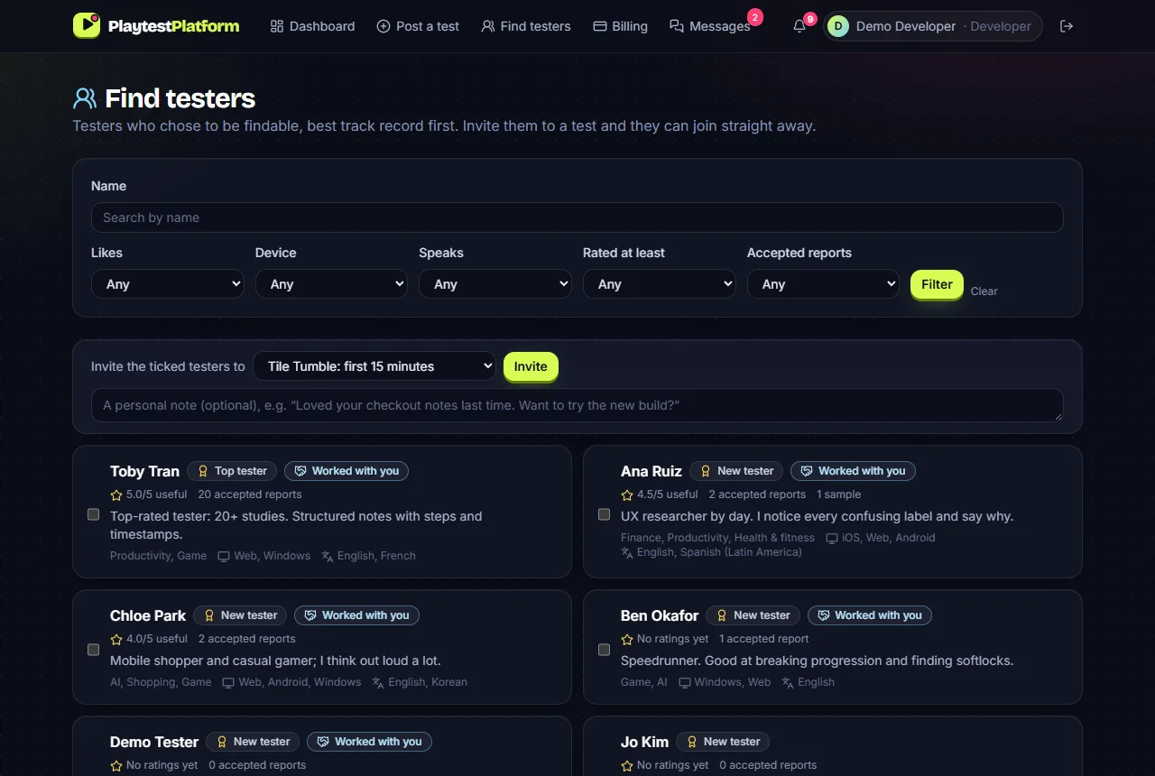 Find testers: testers who chose to be findable, with filters, ratings and accepted reports, and an Invite button.