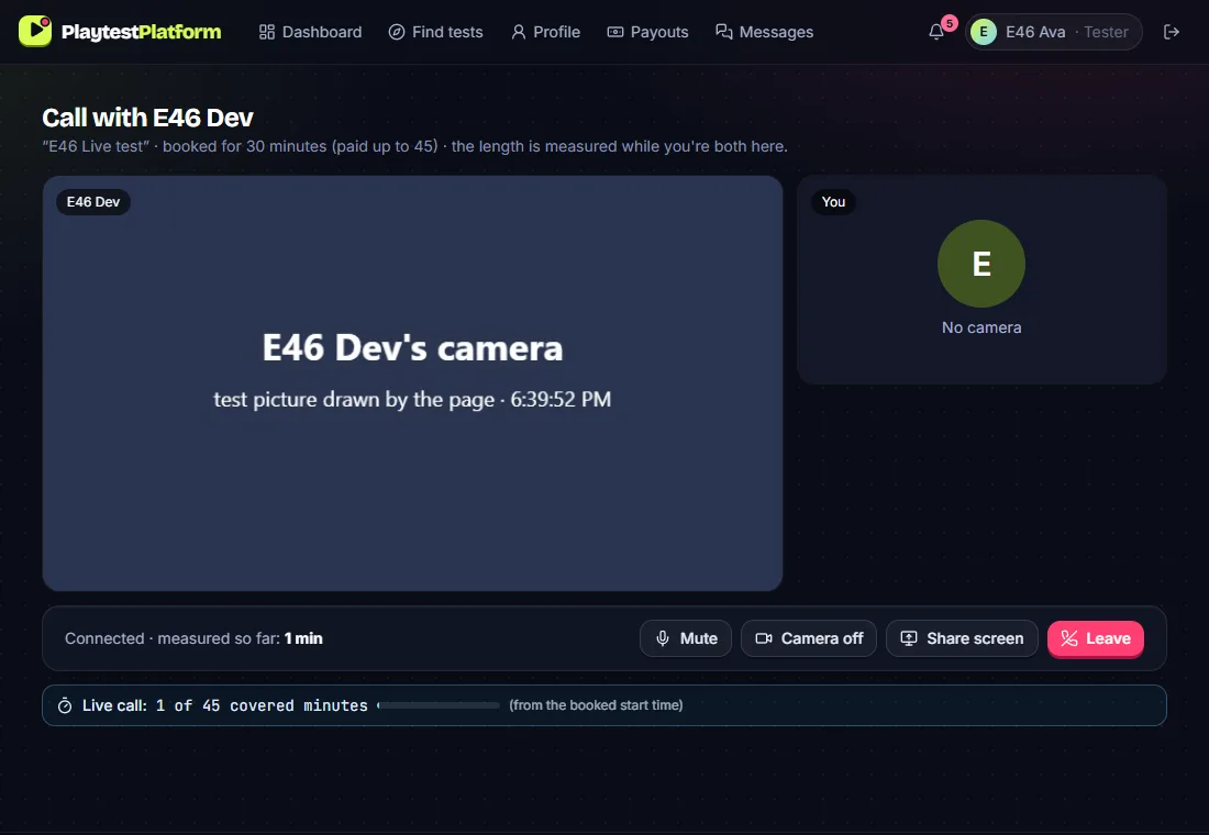 A live call on the site: the developer's video tile, the tester's own tile, Mute, Camera off, Share screen and Leave, and the minutes measured so far.
