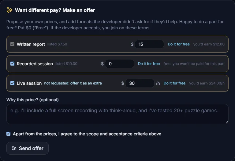 Making an offer: a different price for the written report, the recording for free, and a live call added as an extra at an hourly rate.