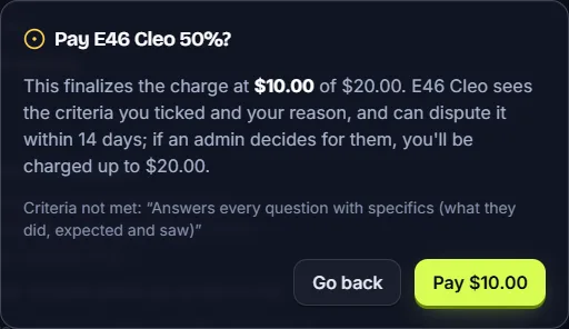 Paying part of a report: the confirmation shows the amount, the criterion that wasn't met, and that the tester can dispute within 14 days.