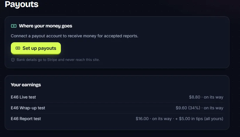 A tester's Payouts page: Set up payouts through Stripe, and earnings per test including tips.