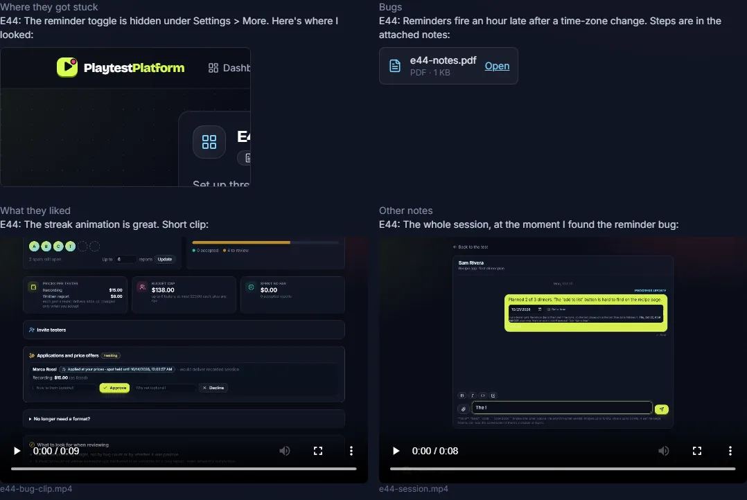 A written report as the developer sees it, with a PDF and video clips placed inside the answers.