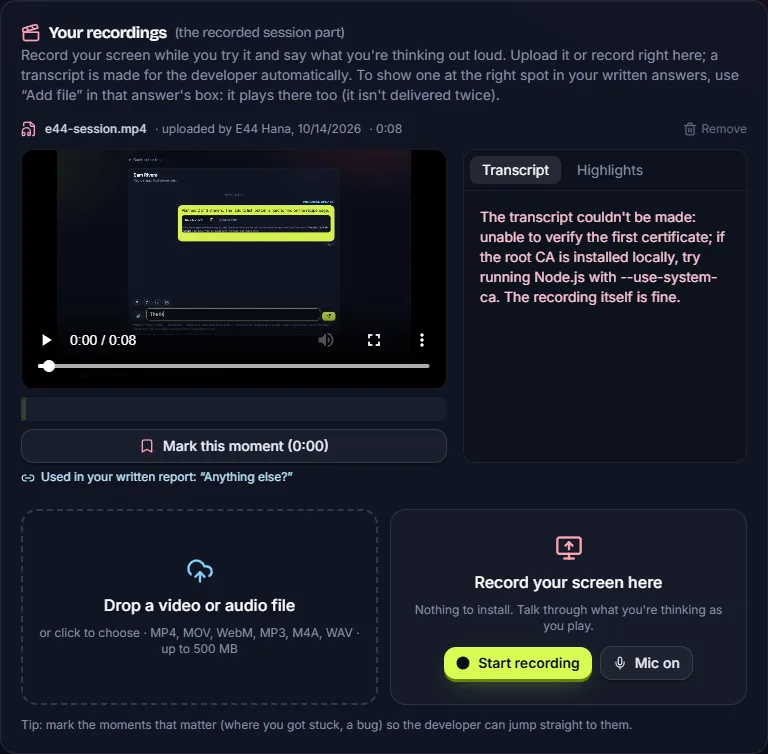 A tester's recordings for a session, uploaded on the site, with the transcript status.