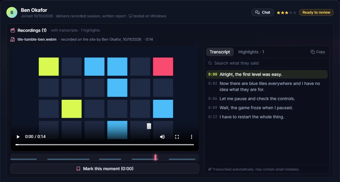 A screen recording with its automatic transcript beside it; each line has a timestamp.